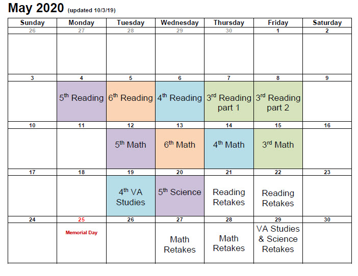 SOL Schedule May 2020 | Union Mill Elementary School